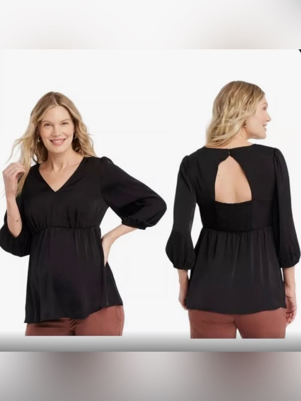 Black V-Neck Puff Sleeve Maternity Top with Back Keyhole